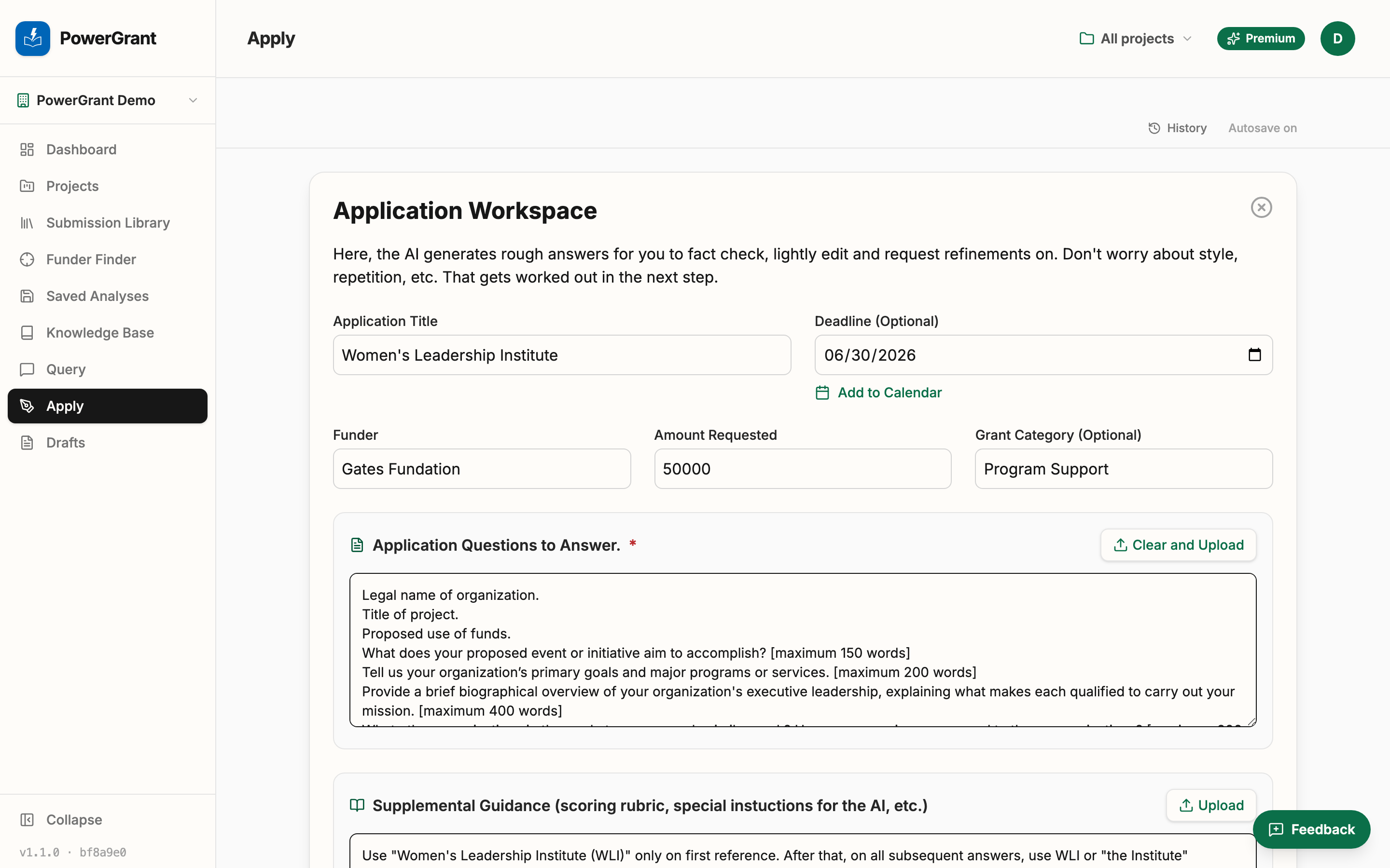 The Application Workspace, with the grant's details at the top and the funder's questions pasted below.