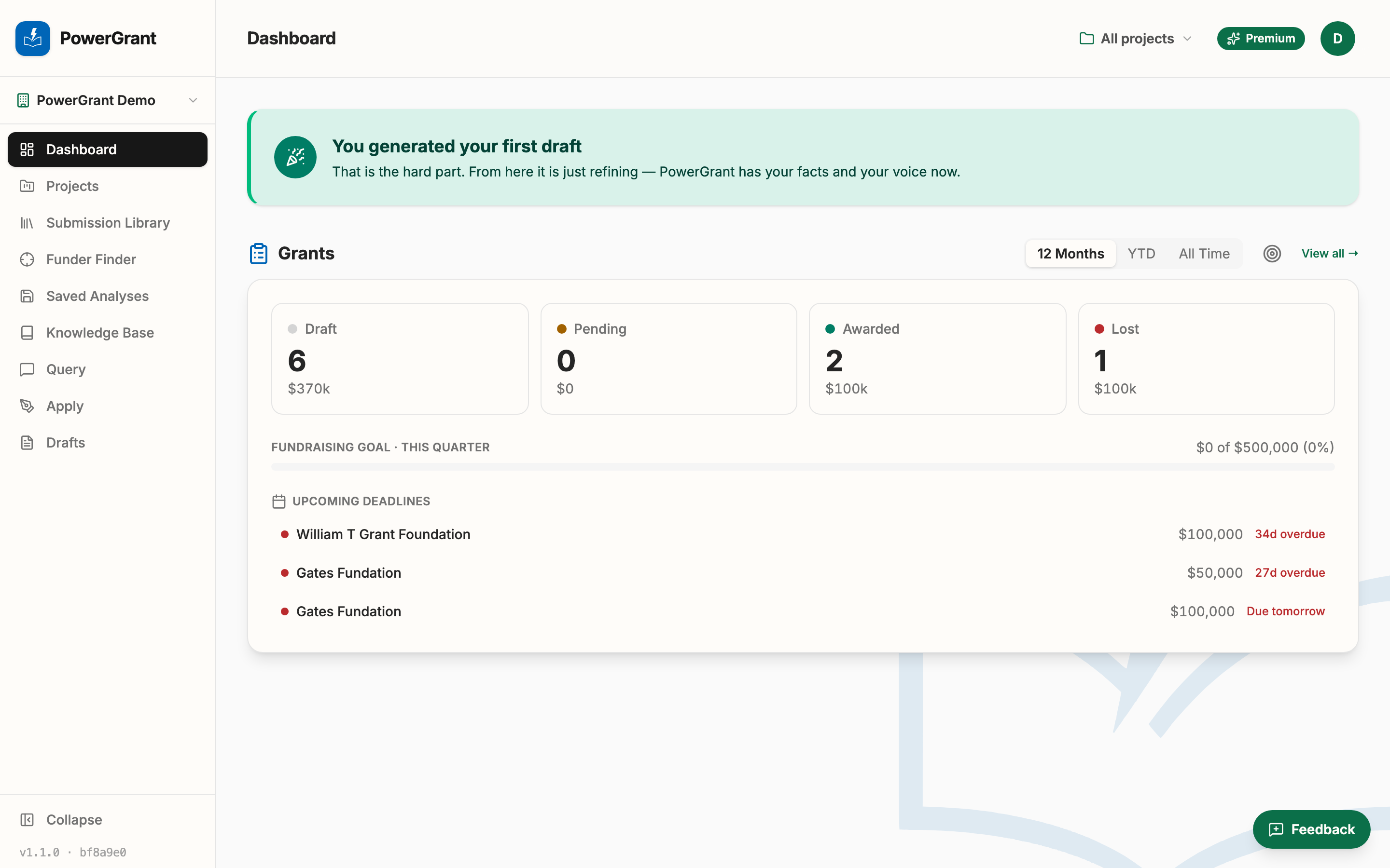 The PowerGrant dashboard after setup, showing your grants pipeline and next steps.
