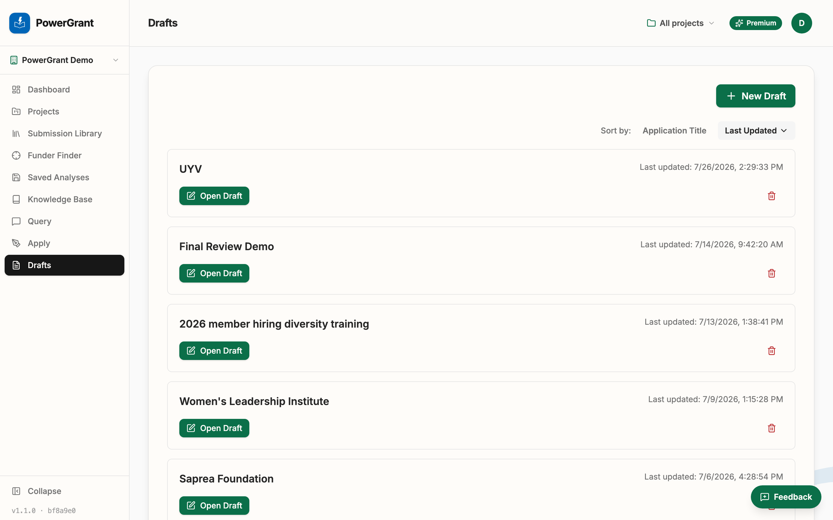 The Drafts tab listing saved applications, each with an Open Draft button.