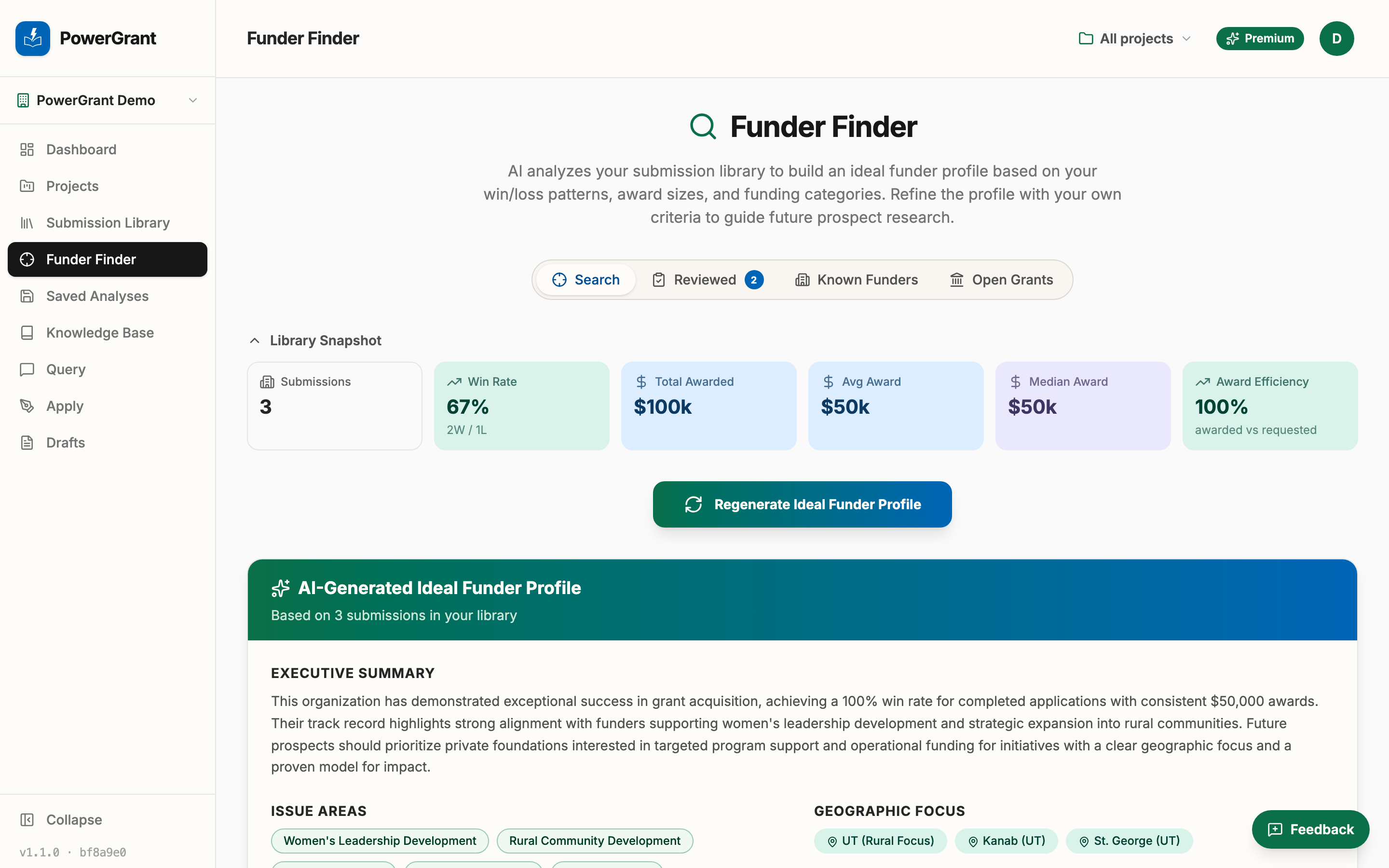Funder Finder showing the AI-generated ideal funder profile and a snapshot of your submission library.