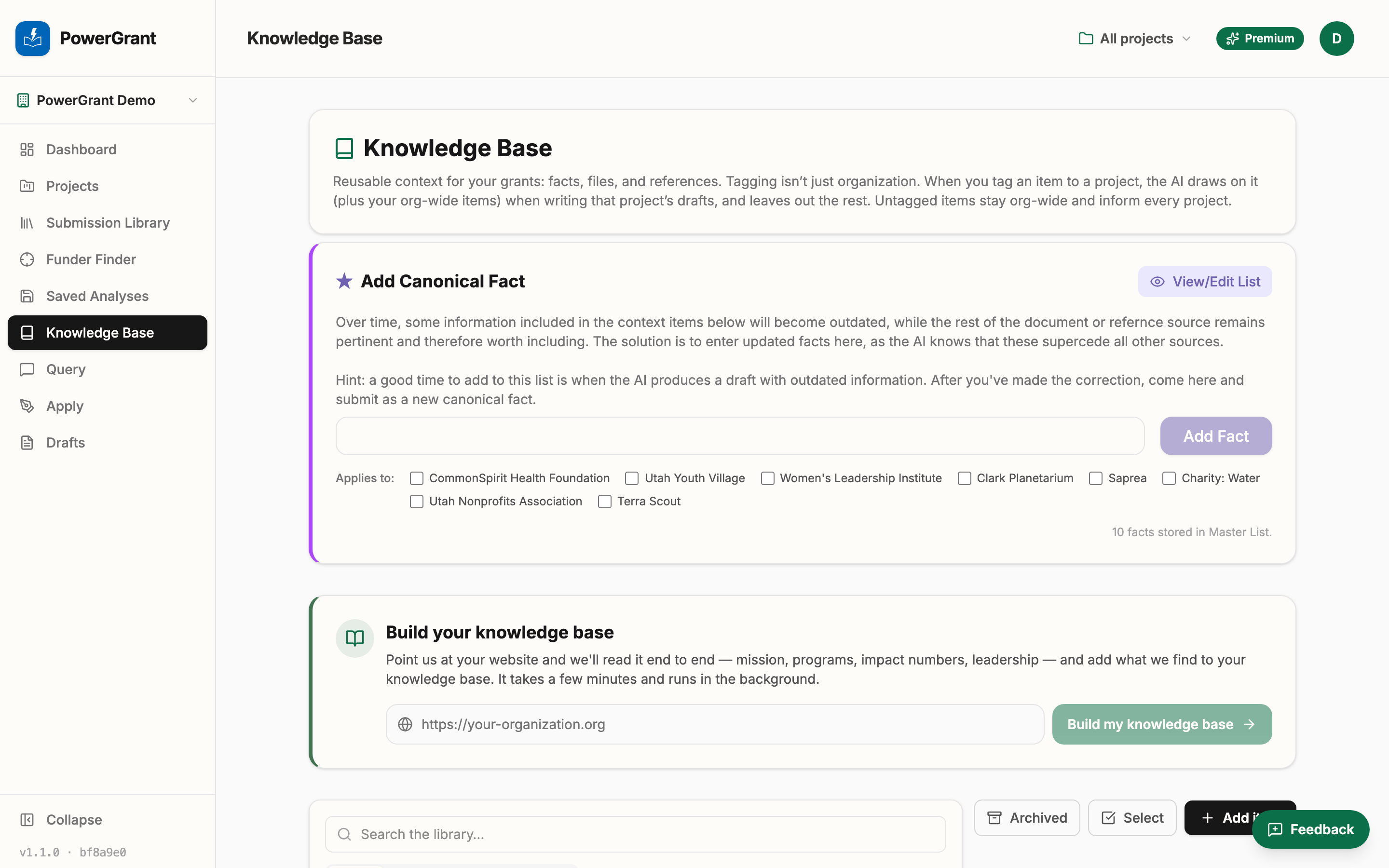 The Knowledge Base tab, with canonical facts at the top and your uploaded library below.